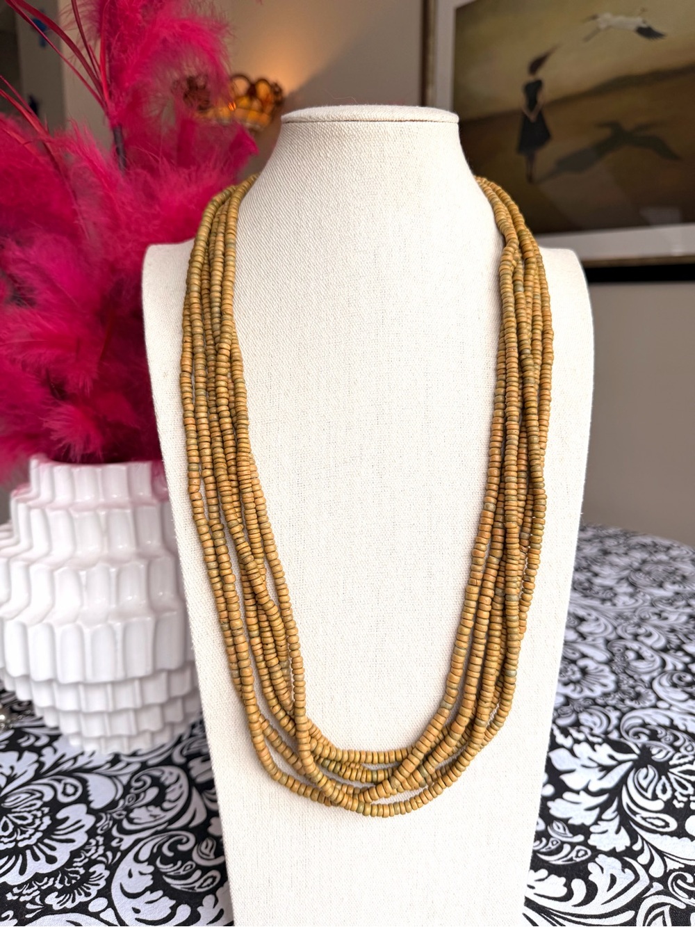 Handmade Wood Bead Necklace Mustard Yellow Green 6 Strand Boho Statement 30”
